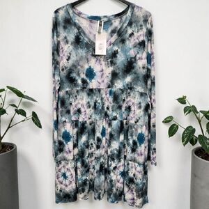 Glitzy Girlz Tie Dye Tiered Dress Womens 2XL Teal Purple Long Sleeves Whimsigoth